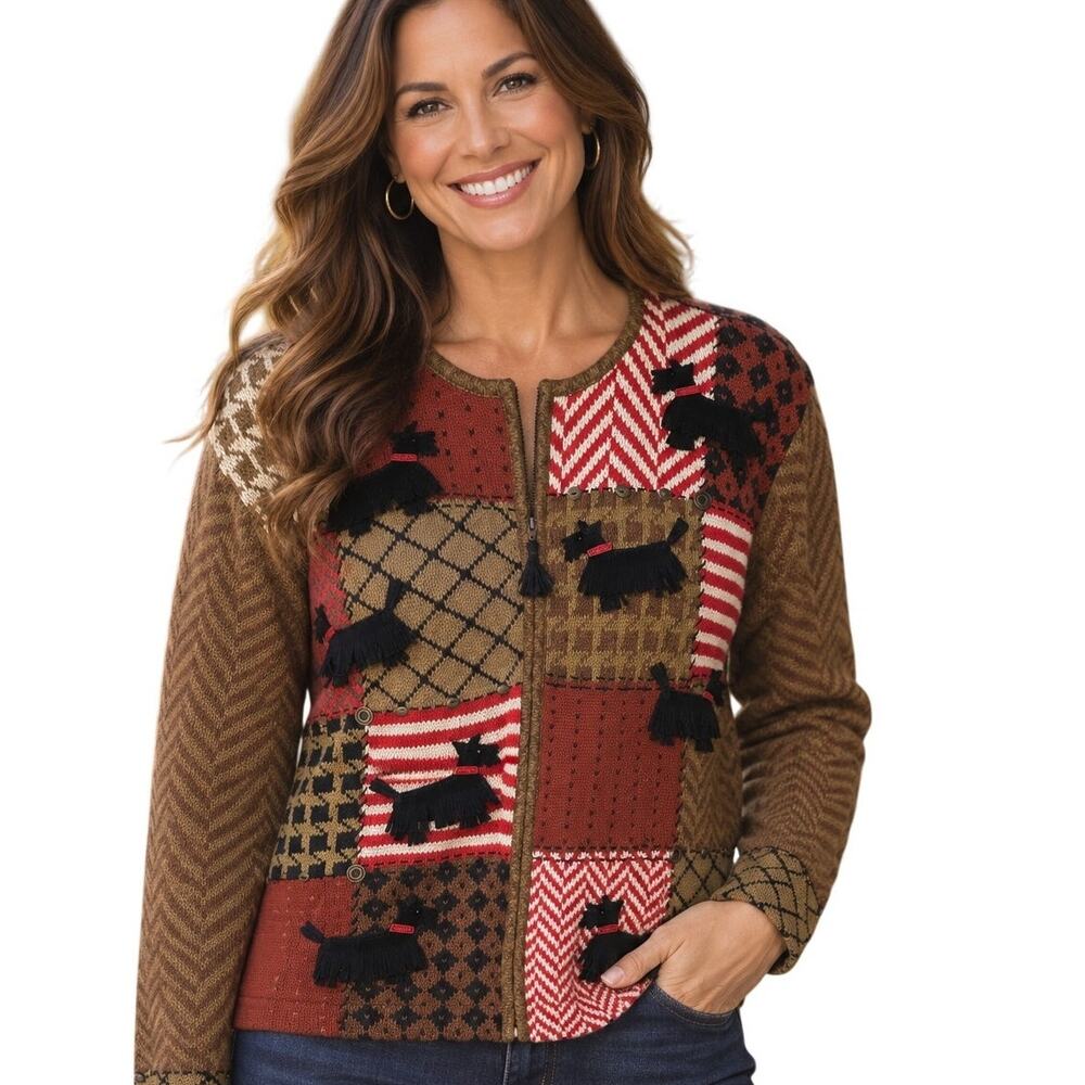 Susan Bristol Scottie Dog Full Zip Cardigan Womens Medium Patchwork 3D Tassel